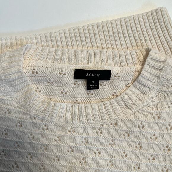 J. Crew Sweater Medium Open Knit Eyelet Cream Ivory Crewneck Alpaca Wool - Picture 3 of 10